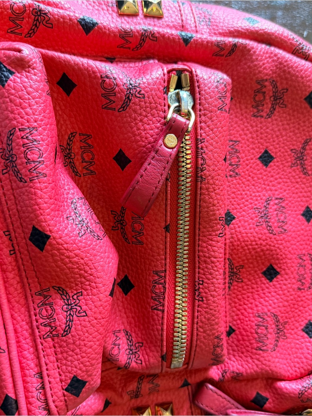 MCM Pink Logo-Print Leather Backpack with Gold Hardware